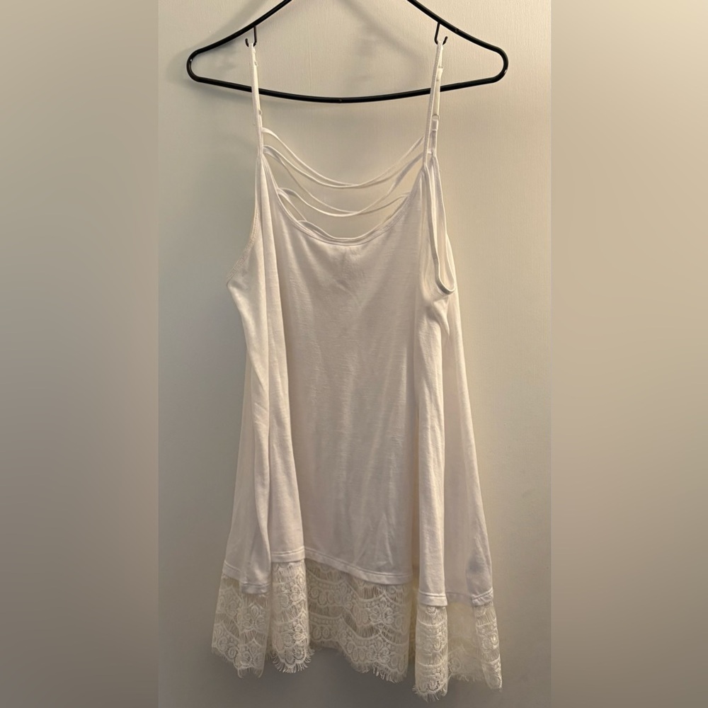 Women’s Vanity white A line spaghetti strap tank with straps back and lace trim